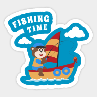 Vector cartoon illustration of cute monkey fishing on sailboat Sticker